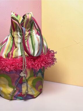 Colorful Striped Drawstring Bucket Bag with Pink Fringe